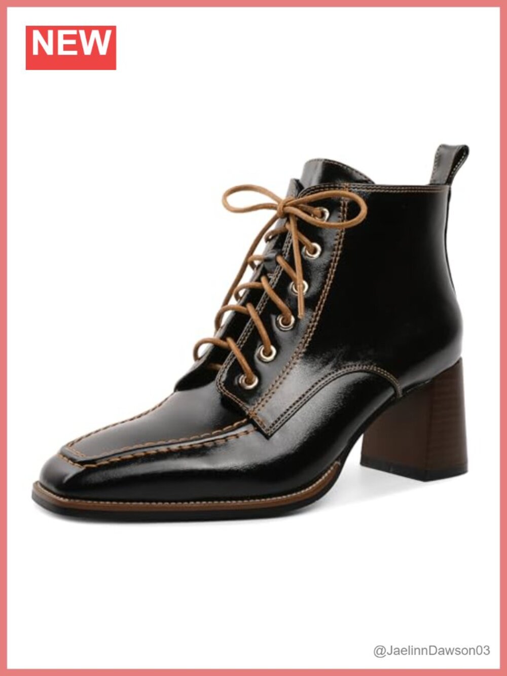Women's Square Toe Ankle Boots Faux Leather Low Block Heel Chunky Lace Up Side